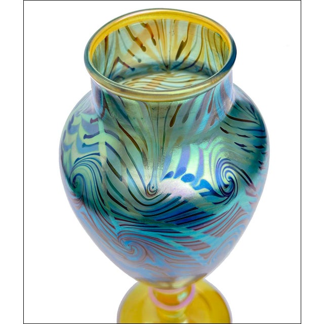Antique Art Nouveau Favrile King Tut Pattern Glass Vase-Signed For Sale - Image 4 of 7