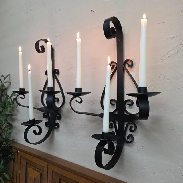 1960 Spanish Revival Three-Arm Wrought Iron Candle Sconces, Pair For Sale - Image 9 of 14