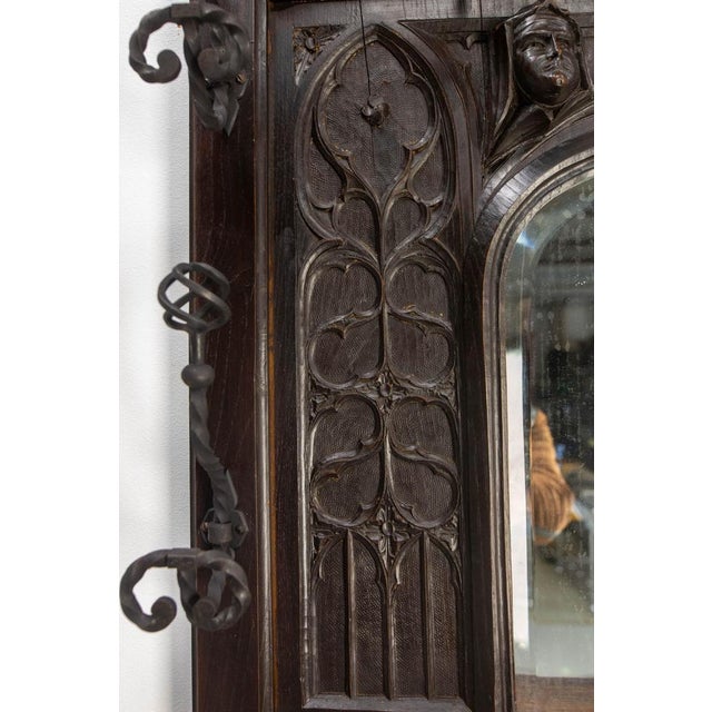 French Gothic Style Oak Coat Hat Rack with Beveled Mirror and Wrought Iron Stand, 19th Century For Sale - Image 10 of 17