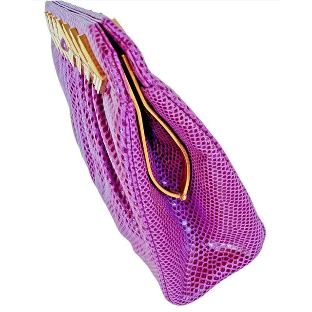 1990s Judith Leiber Karung SnakeSkin Pink Fuschia Day Evening Handbag Gemstones Vintage For Sale - Image 10 of 15