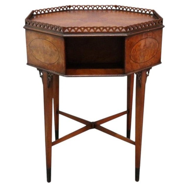 American Royal Furniture Robert W. Irwin Flame Mahogany Banded Octogonal Book Stand C1920 For Sale - Image 3 of 12