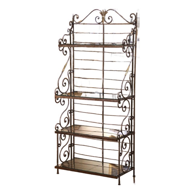 Mid-Century French Wrought Iron Four-Tier Baker's Rack With Brass Accents For Sale