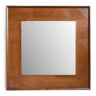 Walnut Deco Wood Square Wall Mirror For Sale