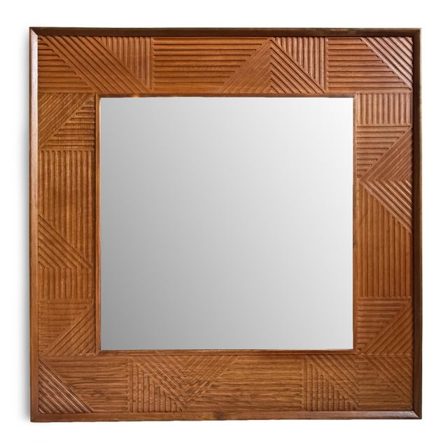 Walnut Deco Wood Square Wall Mirror For Sale
