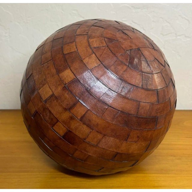 Wood Vintage Large Basket Weave Leather Clad Wood Decorative Ball Sphere Orb For Sale - Image 7 of 12