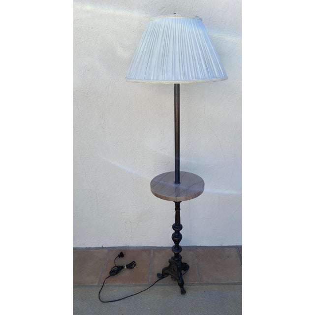 Vintage Regency Style 2 Light Embellished Bronze Floor Lamp With Attached Marble Table and Shade For Sale - Image 13 of 15