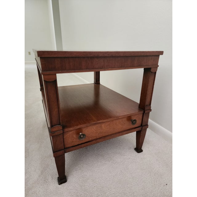 1960's Antique Triune by Drexel Vintage Mahogany Side End Table. Solid wood 2-Tier Side table features a drawer on the...