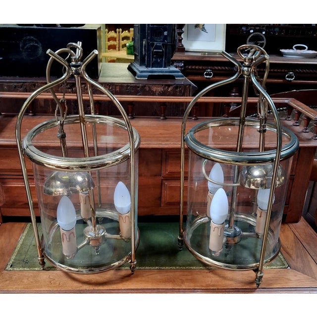 Hanging Lanterns in Polished Brass and Cylindrical Glass, 1950s, Set of 2 For Sale - Image 4 of 5