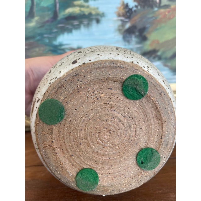Signed 1978 Studio Pottery Jar by Alice - Hand-Thrown Speckled Stoneware With Painted Lid and Cobalt Glazed Interior. For Sale - Image 9 of 10