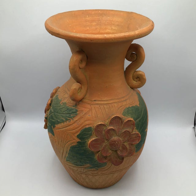 Large Hand Thrown 3 Handle Terra-Cotta Vase Floral Decorated For Sale - Image 4 of 13