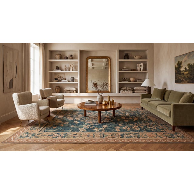 This exquisite vintage Aubusson flatweave rug, handcrafted from premium wool, features a rich green field that serves as a...