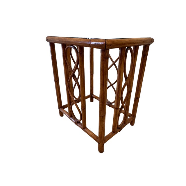 Vintage Burnt Bamboo Rattan Nesting Tables With Glass Tops, Set of 3, C. 1970s For Sale - Image 13 of 17