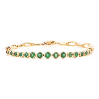 Vivid Green Zambian Emerald Paperclip Chain Bracelet in 14k Yellow Gold- 7 Inches For Sale