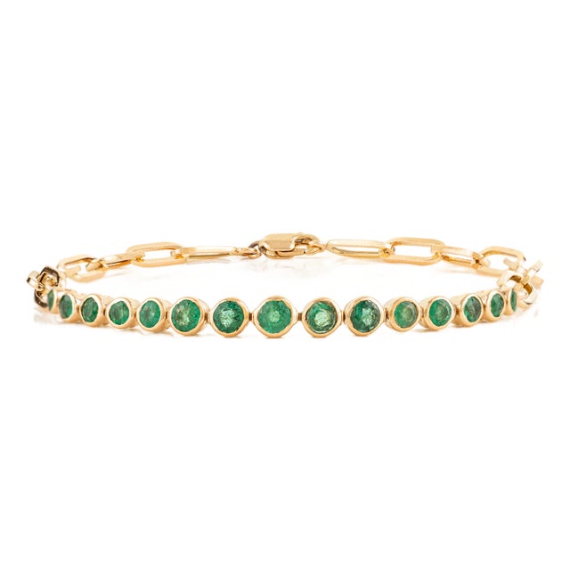 Vivid Green Zambian Emerald Paperclip Chain Bracelet in 14k Yellow Gold- 7 Inches For Sale