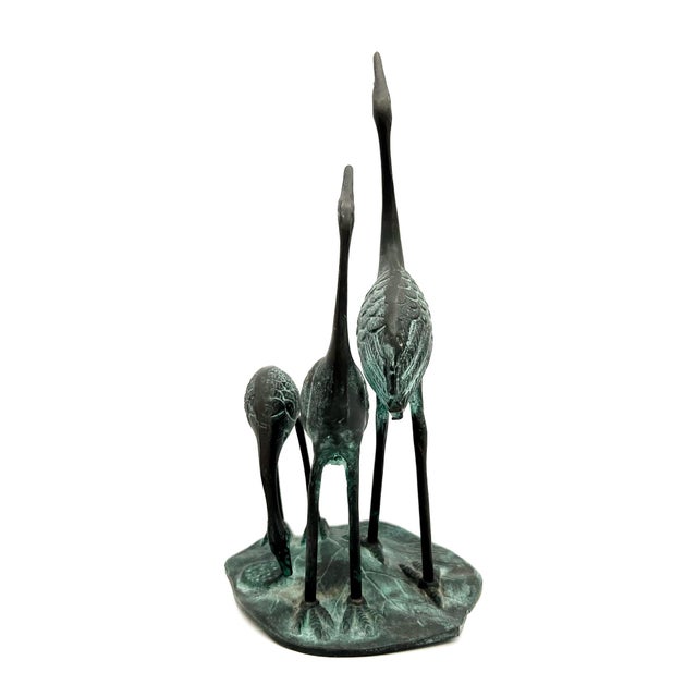 Vintage Verdigris Bronze Crane Trio Sculpture - Mid-Century, Asian Inspired, Coastal For Sale - Image 12 of 12