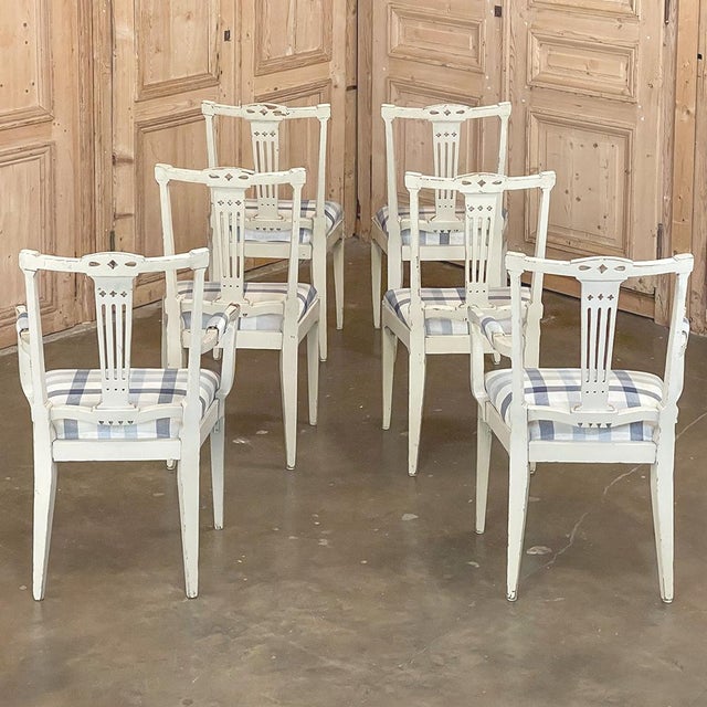 Early 20th Century Set of 6 Antique Swedish Gustavian Painted Dining Chairs Includes 2 Armchairs For Sale - Image 5 of 18