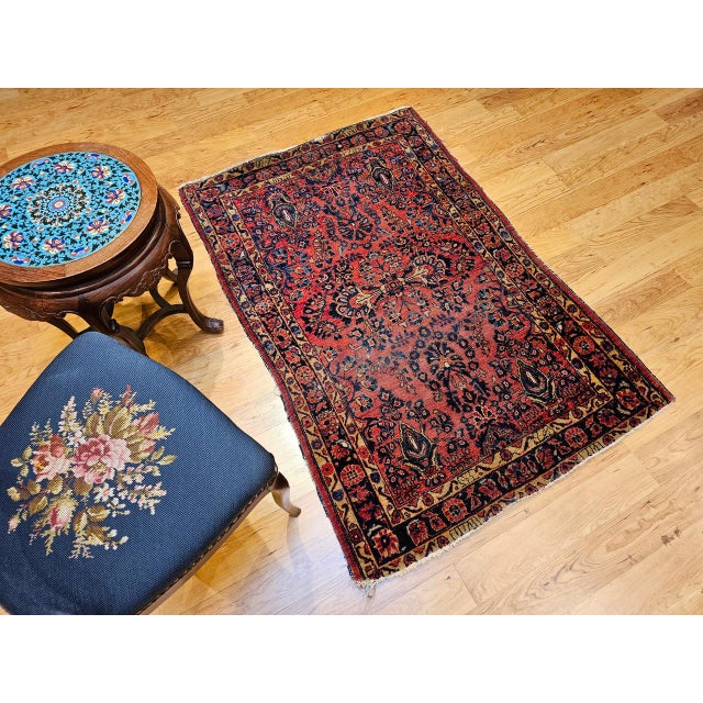 Vintage Persian Sarouk Area Rug, Hand-Knotted Wool, Allover Floral Pattern, 3x5, Red& Navy For Sale - Image 4 of 14