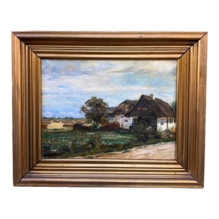 Early 1900's Oil Painting From Denmark, "Small Thatched Farmhouse" For Sale