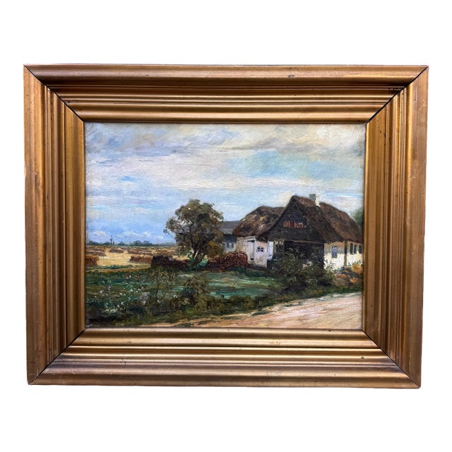 Early 1900's Oil Painting From Denmark, "Small Thatched Farmhouse" For Sale