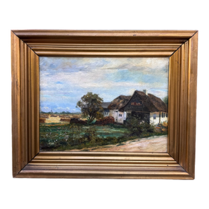 Early 1900's Oil Painting From Denmark, "Small Thatched Farmhouse"