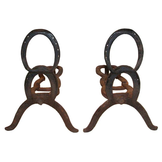Antique Folk Art Style Andirons Horseshoe Construction - A Pair For Sale - Image 4 of 4