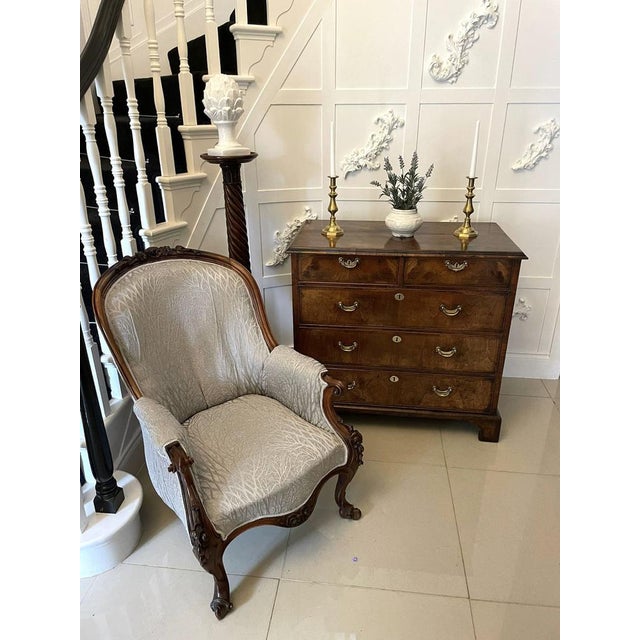 Outstanding original george i antique quality figured walnut chest of drawers having a quarter figured walnut veneered top...