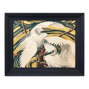 Restored Vintage 1949 Rattan Framed Crane Barkcloth Fabric Sample by Spectrum