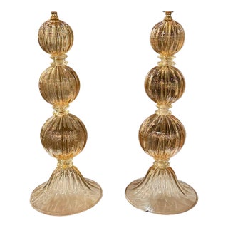 Pair of Large Scale Murano Peach and Gold Ball Form Lamps For Sale
