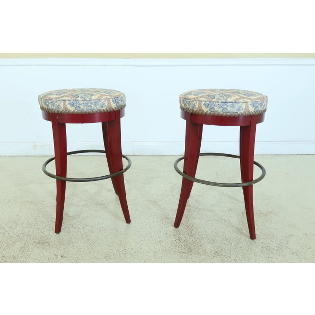Metal Swaim Round Red Lacquer Counter Bar Chair Stools - a Pair For Sale - Image 7 of 7