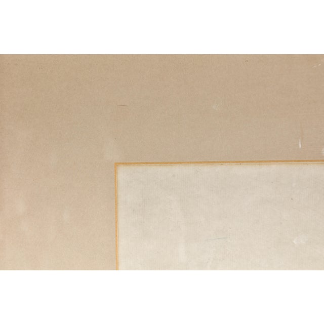 A vintage watercolor on paper depicting a woman in a blue dress threading silk, in gilded wood frame. Discover tranquility...