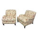 Pair of Lee Industries Floral Upholstered Lounge Chairs With Brass Casters For Sale