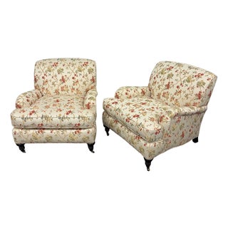 Pair of Lee Industries Floral Upholstered Lounge Chairs With Brass Casters For Sale