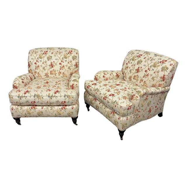 Pair of Lee Industries Floral Upholstered Lounge Chairs With Brass Casters For Sale