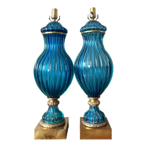 Vintage Italian Monumental Art Glass Lamps After Murano - a Pair