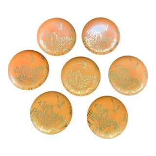1940s Dorothy Thorpe Midcentury California Persimmon Gold Butterfly Plates- Set of 7 For Sale
