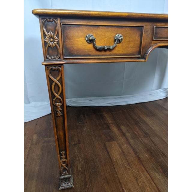 Wood Late 20th Century Theodore Alexander Regency Style Mahogany & Leather Writing Desk With Carved Ribbon Motif Legs For Sale - Image 7 of 18