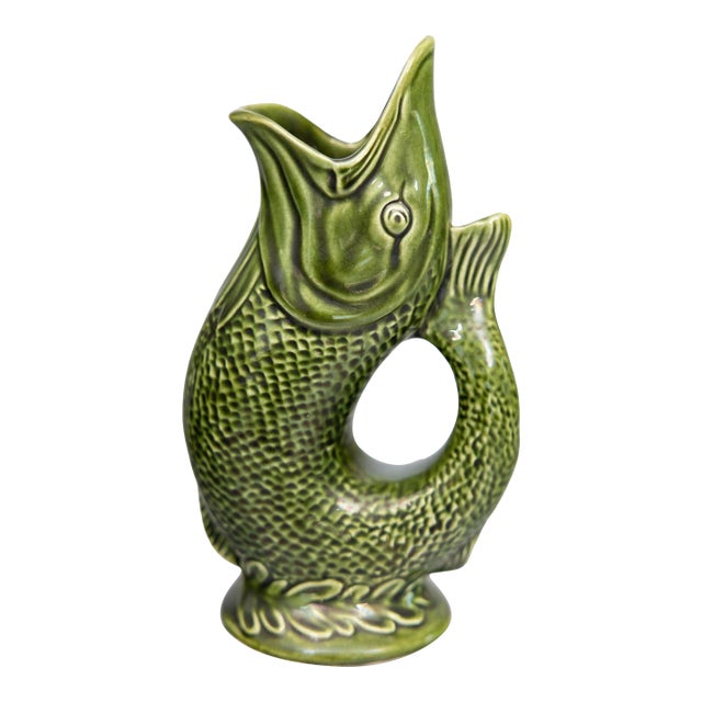 Vintage English Majolica Green Gurgling Fish Pitcher Jug For Sale