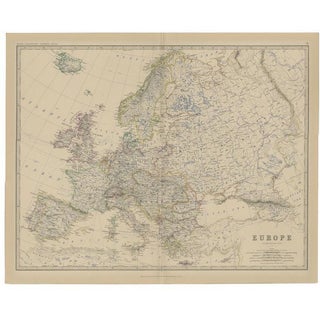 Antique Map of the European Continent, 1882 For Sale