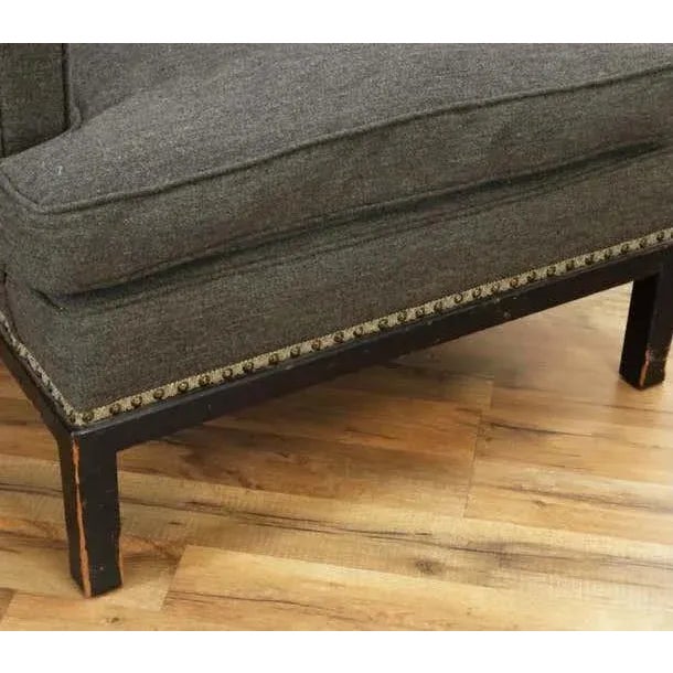 Tommi Parzinger lounge chair and ottoman, ebonized frame, charcoal grey upholstery. Copy of the original purchased receipt...
