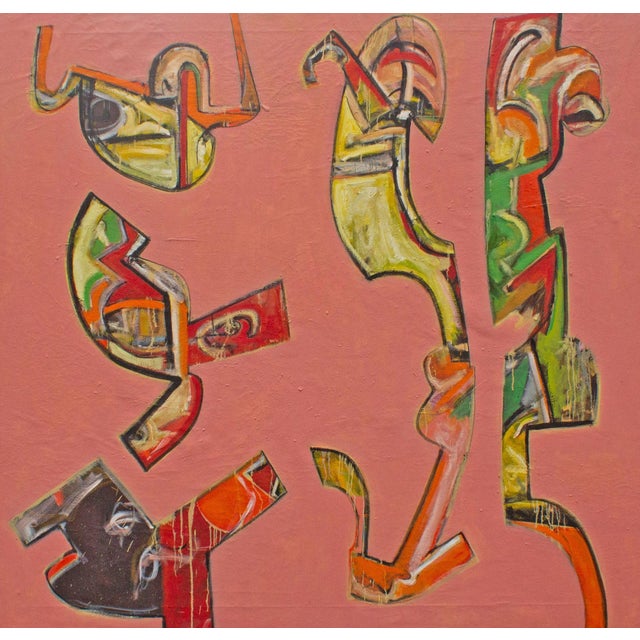 A large abstract oil on canvas painting by the American artist James L. Bruch (1942-2023). Abstract shapes in shades of...