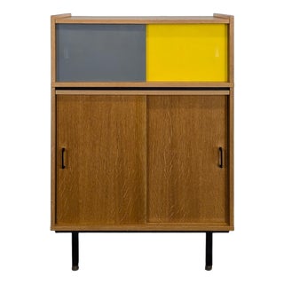 Modernist Side Table with Grey and Yellow Glass Doors in Oak Veneer For Sale