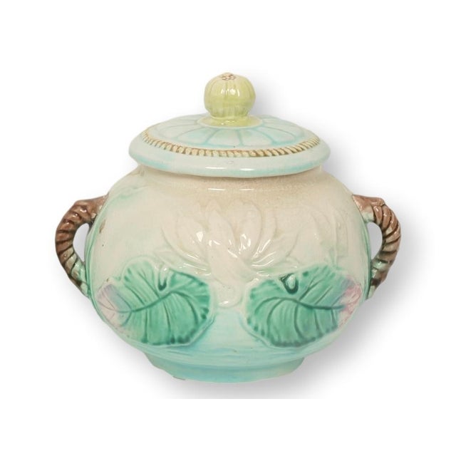 Victorian English Majolica Pond Lily Sugar Bowl For Sale - Image 4 of 6