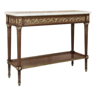 Antique French Louis XVI Mahogany Console Sofa Table With Carrara Marble For Sale