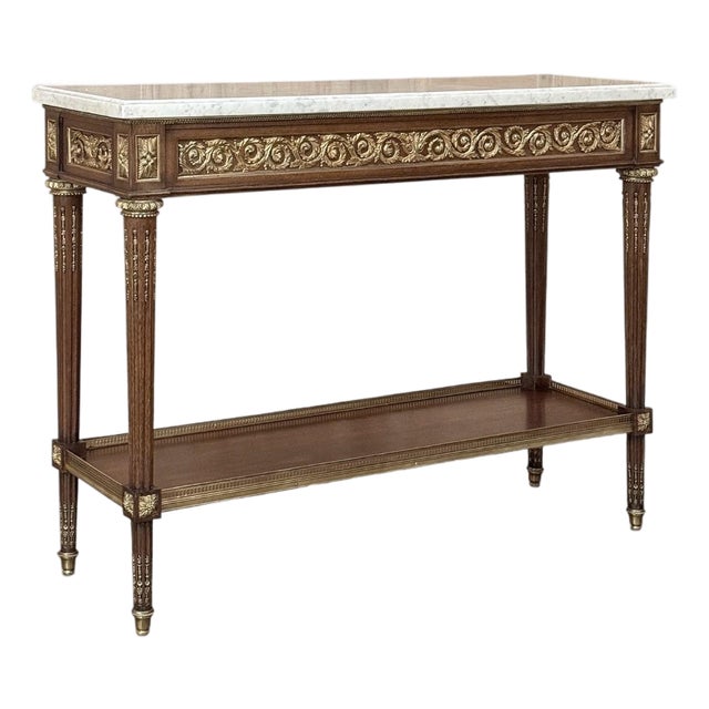 Antique French Louis XVI Mahogany Console Sofa Table With Carrara Marble For Sale