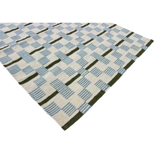 Not Yet Made - Made To Order Handmade Woolen Flat Weave Rug, Cream, Sky Blue and Sage Green Striped Wool Rug - 6'x9' For Sale - Image 5 of 10