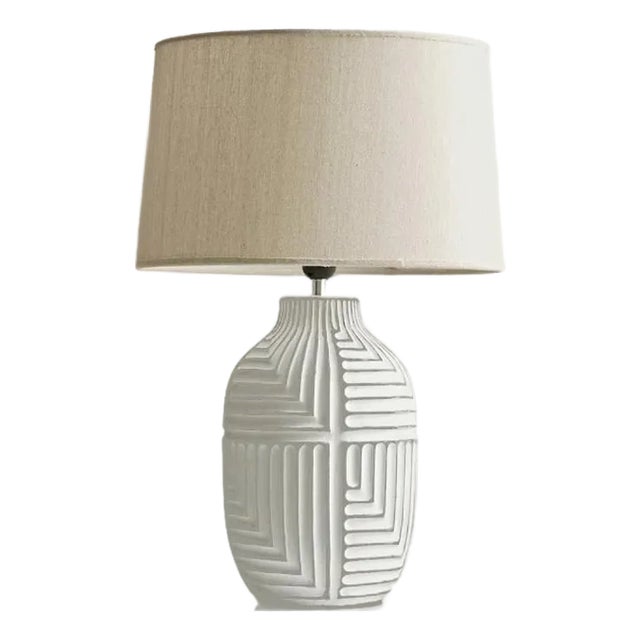 Textured Ceramic & Linen Lamp For Sale