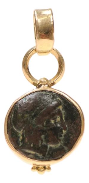 Bronze Apollo Coin Pendant Trimmed in 18k Gold