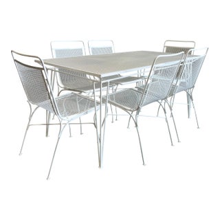 7 Piece Set Vintage Salterini Wrought Iron Patio Dining Table and Chairs For Sale