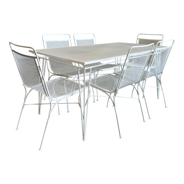 7 Piece Set Vintage Salterini Wrought Iron Patio Dining Table and Chairs For Sale