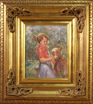 Italian Artist, Girl with a Calf, Mid-20th Century, Oil on Board